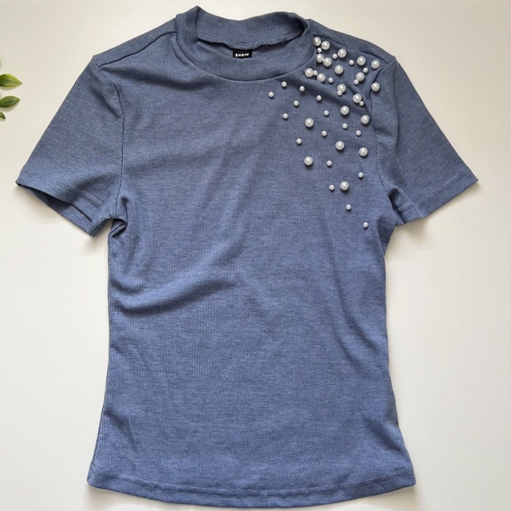 shein pearl beaded blue top